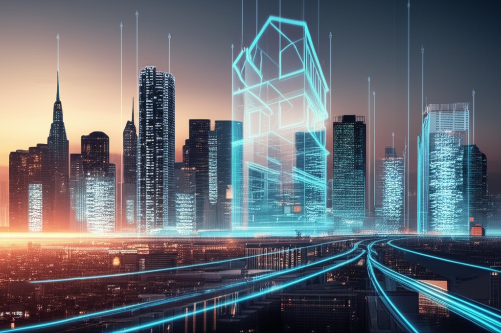 AI powered real estate analysis showing futuristic cityscape with data streams